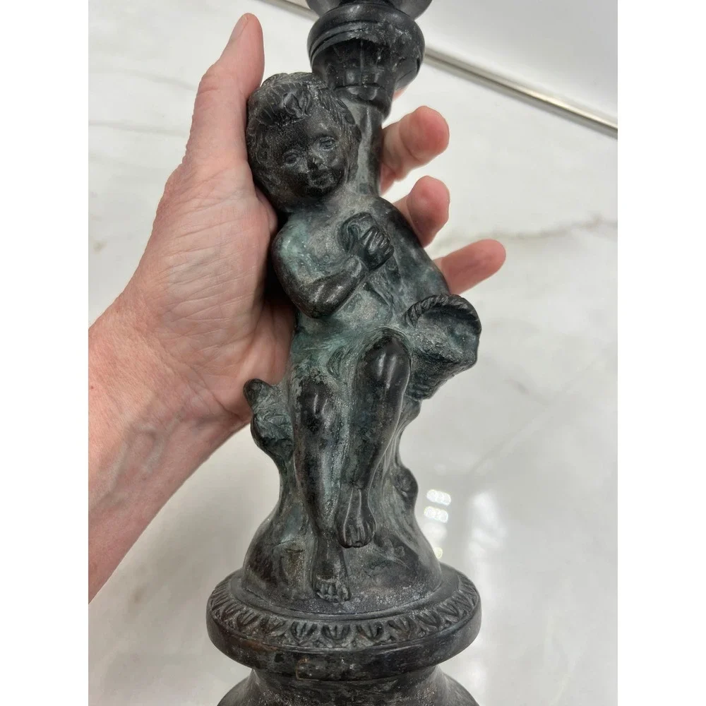 Vintage Bronze Cherub Candlestick Holders Pair Verdigris Patina Made India 9.5